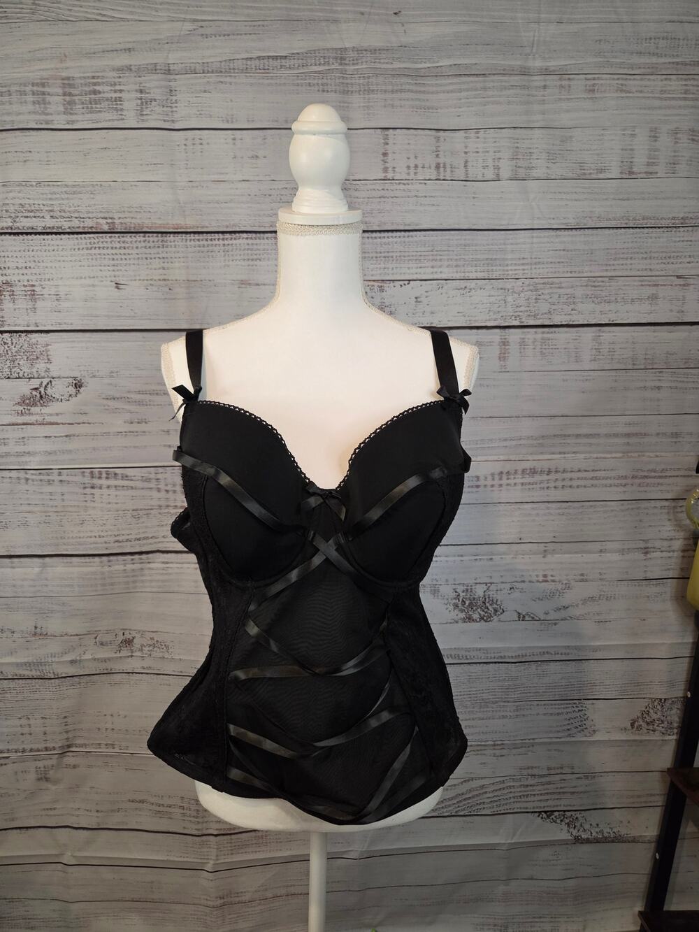 Adore Me Black Lace Corset 42DD Underwire Boned Lingerie Bralette Mesh Back